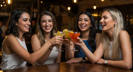 Group of happy young women having fun in a bar, drinking cocktailsの素材