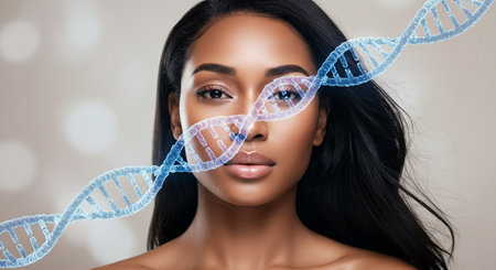 Portrait of beautiful young woman with dna molecule. Healthcare and medicine concept.の素材