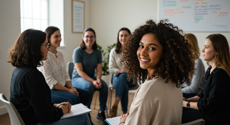 Portrait of smiling african american businesswoman sitting in meeting room at officeの素材