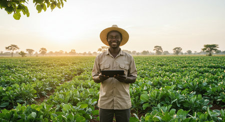 Farmer using digital tablet in a tobacco field at sunset time.の素材