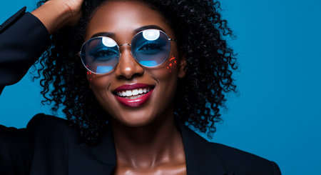 beautiful african american woman in sunglasses smiling, isolated on blueの素材