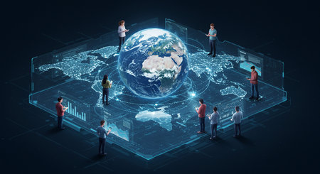 Business people in front of hologram screen with world map. Elements of this image furnished by NASAの素材