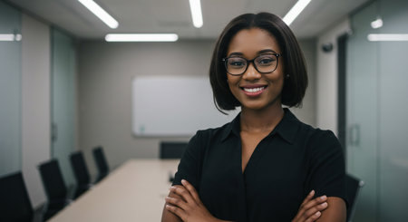 Portrait of smiling african american businesswoman standing in conference roomの素材