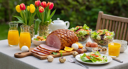 Easter table setting with ham, eggs, salad and tulipsの素材