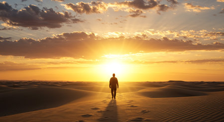 Man walking in the desert at sunset. 3d render illustration.の素材