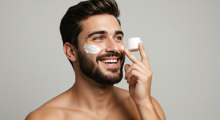 Cheerful young man applying moisturizing cream on his face.の素材