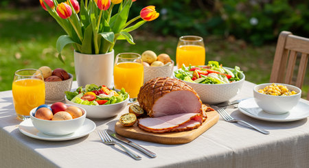 Easter breakfast with ham, eggs and fresh vegetable salad in gardenの素材