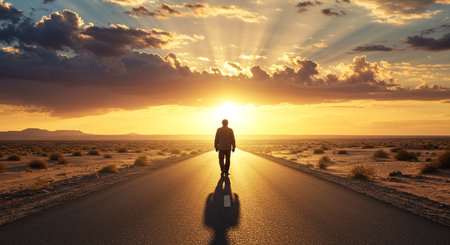 Man walking on road in the desert at sunset. 3d renderingの素材
