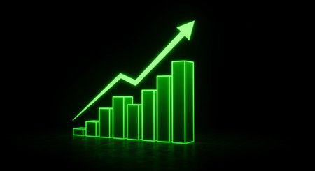 3D rendering of green neon growing graph on black background with blurred reflectionの素材