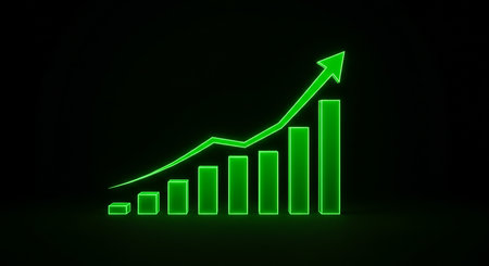 3D rendering of green glowing graph bar chart isolated on black backgroundの素材