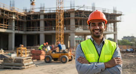 Portrait of smiling Indian male engineer standing with arms crossed at construction siteの素材