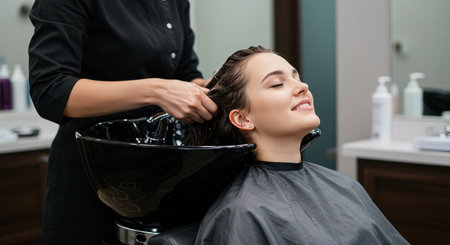 Professional hairdresser washing hair of young woman in beauty salonの素材