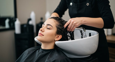 professional hairdresser washing hair of young woman in beauty salonの素材