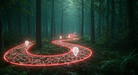 Trail in the forest with glowing neon light, 3d renderingの素材