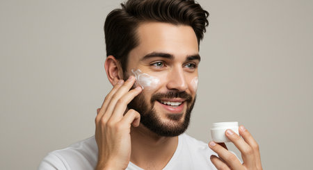 happy young man applying cream on face isolated on grey, spa conceptの素材