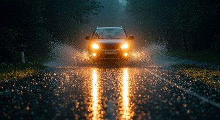 Car driving on wet asphalt road in the rain with motion blur.の素材