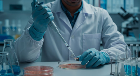 scientist working with blood sample in laboratory, science research and development conceptの素材