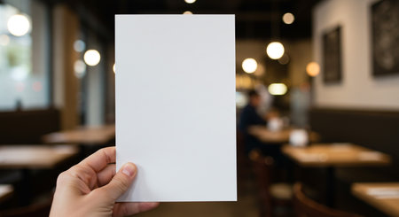 Blank white paper in hand in cafe, mockup for your designの素材
