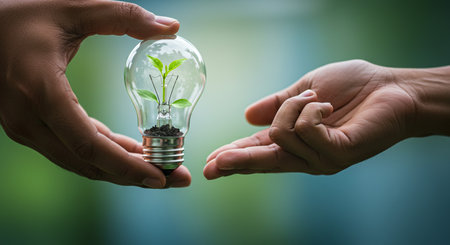 Human hands holding lightbulb with green sprout inside. Ecology conceptの素材