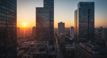 Frankfurt am Main, Germany. Panoramic view of Frankfurt am Main at sunset.の素材