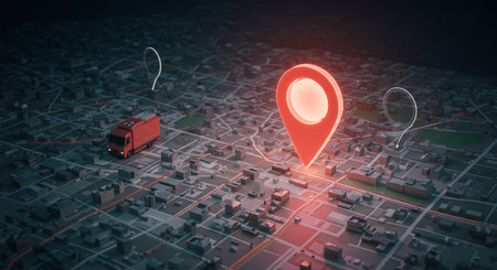 3D rendering of a city map with a red location pin and a truckの素材