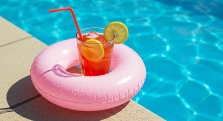 Summer cocktail on the edge of a swimming pool with an inflatable ringの素材