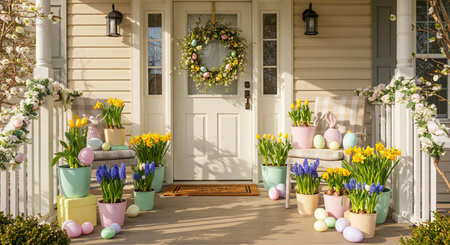 Easter decoration on the porch of a house with flowers and eggsの素材