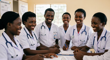 Portrait of group of smiling doctors writing on clipboard during meeting in hospitalの素材