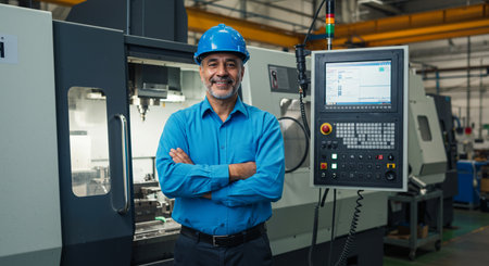 Portrait of confident mature industrial engineer standing with arms crossed in factoryの素材