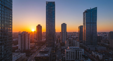 Aerial view of modern skyscrapers in the city at sunset.の素材