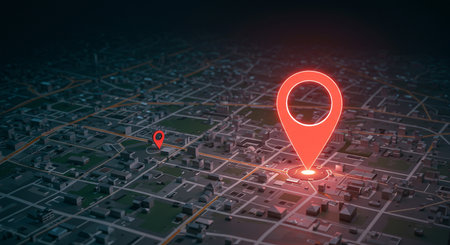 Red pin on a map of the city. 3D rendering.の素材