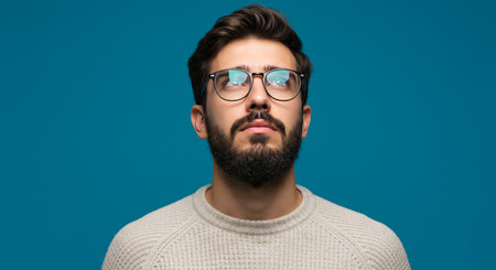 Portrait of a handsome bearded man in glasses on a blue backgroundの素材