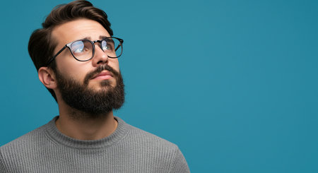 Portrait of a handsome bearded hipster man wearing glasses and looking away while standing against blue backgroundの素材