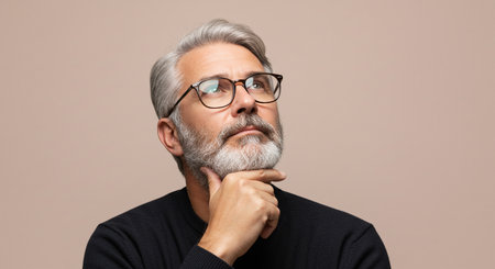 Portrait of a thoughtful mature man with gray hair and eyeglassesの素材