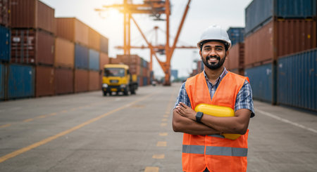 Portrait of happy indian worker standing with arms crossed at container yardの素材