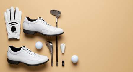 Set of golf equipment on color background. Top view with copy spaceの素材