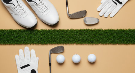 Golf equipment on green grass background with copy space for your textの素材