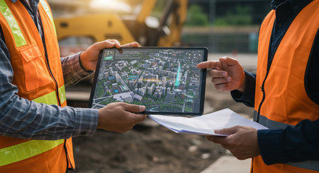 Engineer and Architect working with digital tablet and construction site background.の素材