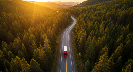 Aerial view of a truck driving on the road in the forestの素材
