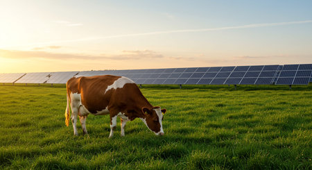 Cow grazing on a green meadow with solar panels in the backgroundの素材