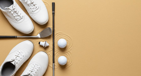 Golf equipment and golf balls on a yellow background with copy spaceの素材