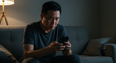 Man using mobile phone on sofa at night. Asian man using smartphone at home.の素材