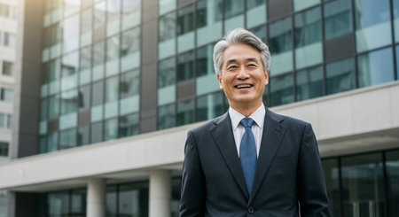 Portrait of mature Asian businessman in suit standing in front of office buildingの素材