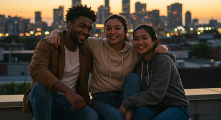 Group of friends sitting on rooftop at sunset. Multiethnic group of young people sitting on the roof and looking at camera.の素材