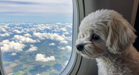 Cute Maltese dog looking out the window of a plane.の素材