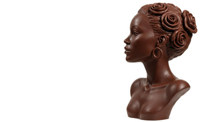 Chocolate sculpture of a woman's head on a white background.の素材