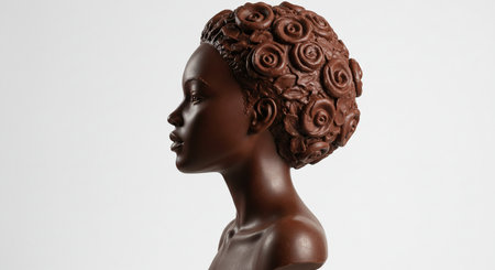 Chocolate sculpture of a woman's head on a white background.の素材