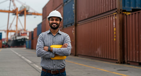 Portrait of happy smiling african american male engineer holding safety helmet and looking at camera while standing in container yardの素材