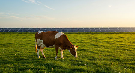 Cow grazing on a green meadow with solar panels in the backgroundの素材