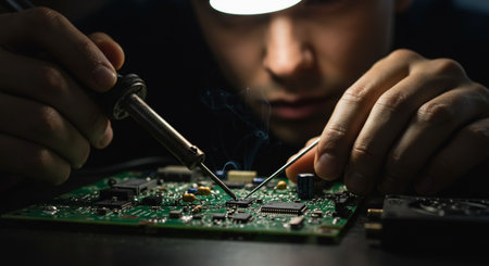 Technician repairing electronic circuit board with soldering iron, closeupの素材